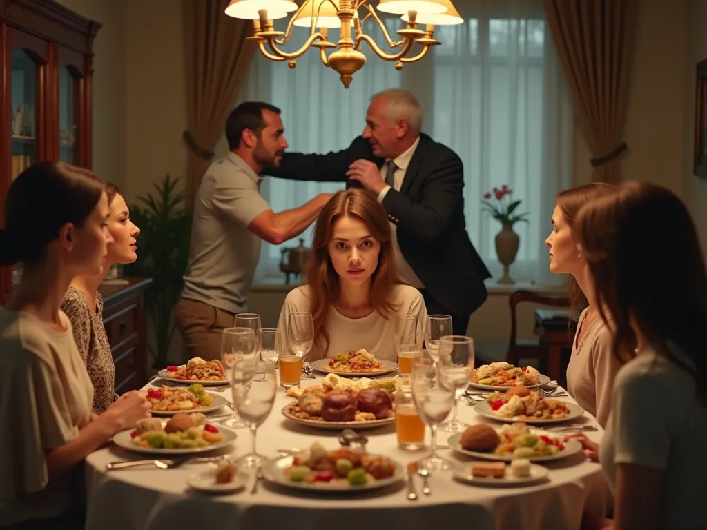 A family dinner in a well-lit dining room. A young university student with a worried expression momentarily walks away from the table. In the background, her father and her boyfriend, a 20-year-old boy, are involved in a violent fist fight. The young woman...