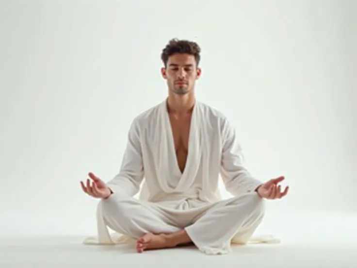 Handsome man in white clothes meditating on white background in lotus pose picture in youtube channel format 