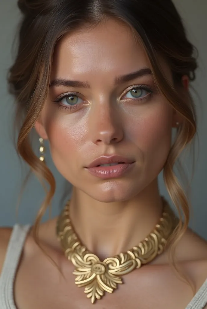 a close up of a woman in a with a gold necklace, pretty female