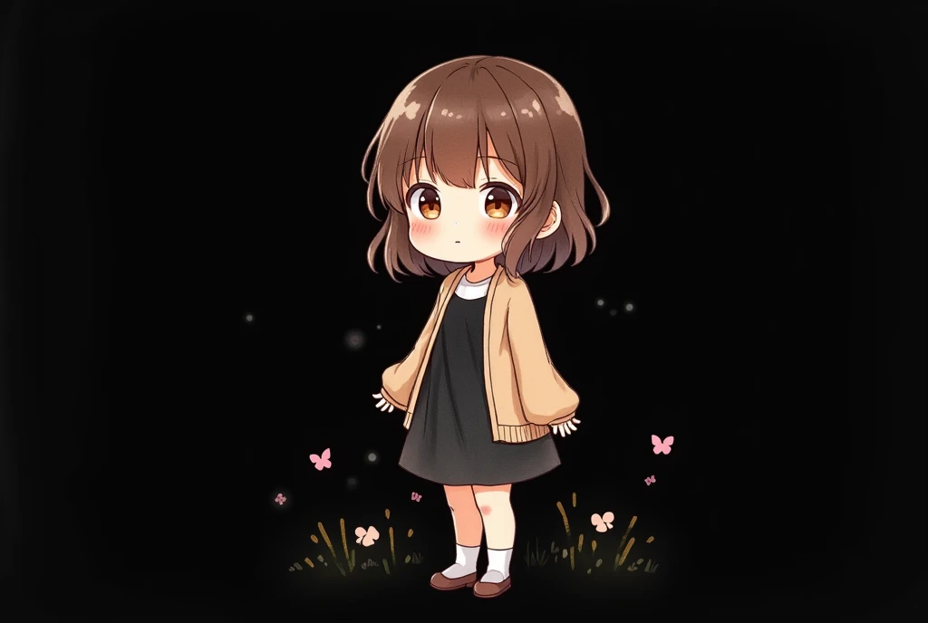 black background、chibi character style、full body、Woman with brown semi-long hair、 Brown Eyes、black dress and cardigan、watercolor style anime style 