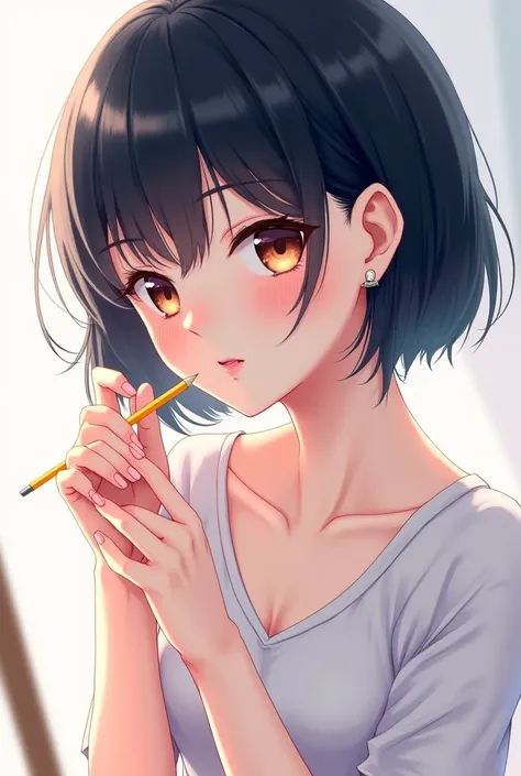 Female anime character with short black hair holding a pencil