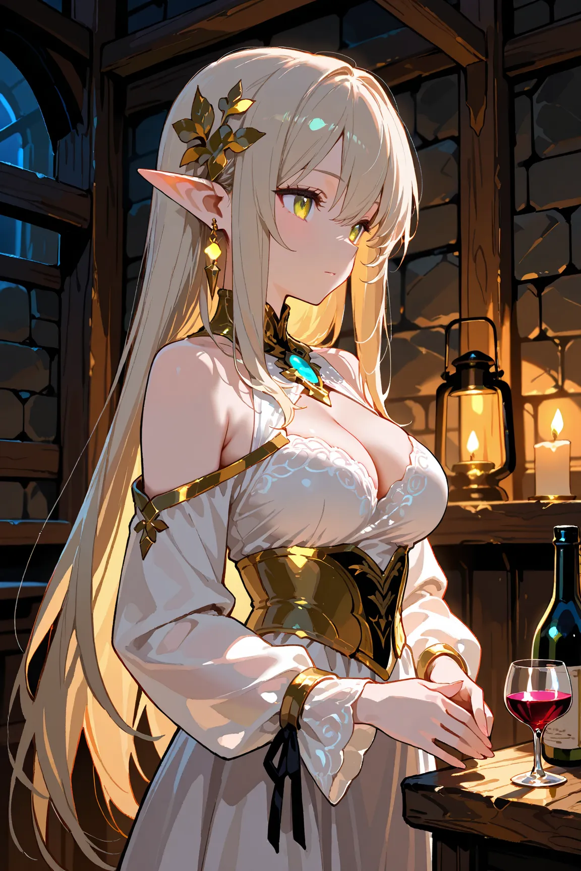 masterpiece:1.2, 8k resolution, ultra-detailed, highly detailed, detailed texture:1.4, cinematic lighting, atmospheric depth, balanced lighting, warm and lively tavern atmosphere, elegant elf female character, face partially obscured by shadow, eyes hidden...