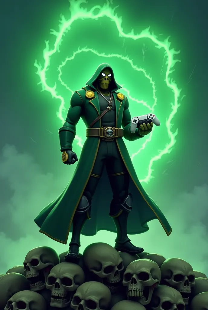 Please make me a Fortnite thumbnail that is     
1280x720 res make dr doom hold a white ps5 controller while standing on a pile of skulls with a huge green storm in the background  make it dynamic  and has lots of energy 