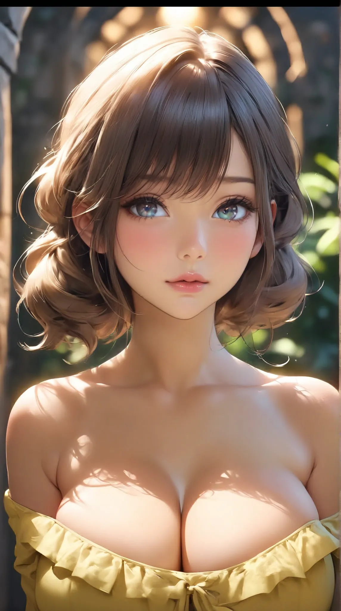 (((32k award winning Masterpiece))). High detail. natural photorealistic skin textures. (((Extra large gigantic breasts))). Very deep photorealistic big shy aroused eyes. 32k Ultra HD. Extremely busty, very cute voluptuous innocent college student. Full th...