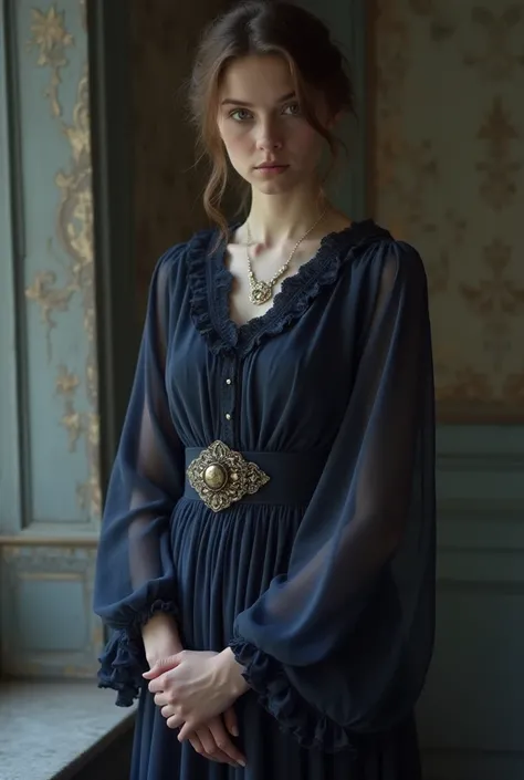 Vintage-inspired and melancholic dress

colour:  pearl gray , deep blue or dark lavender.

Design: A-cut with flowing fabrics such as chiffon or velvet.

 details: Belt with antique brooch, dropped sleeves and a mysterious air.
