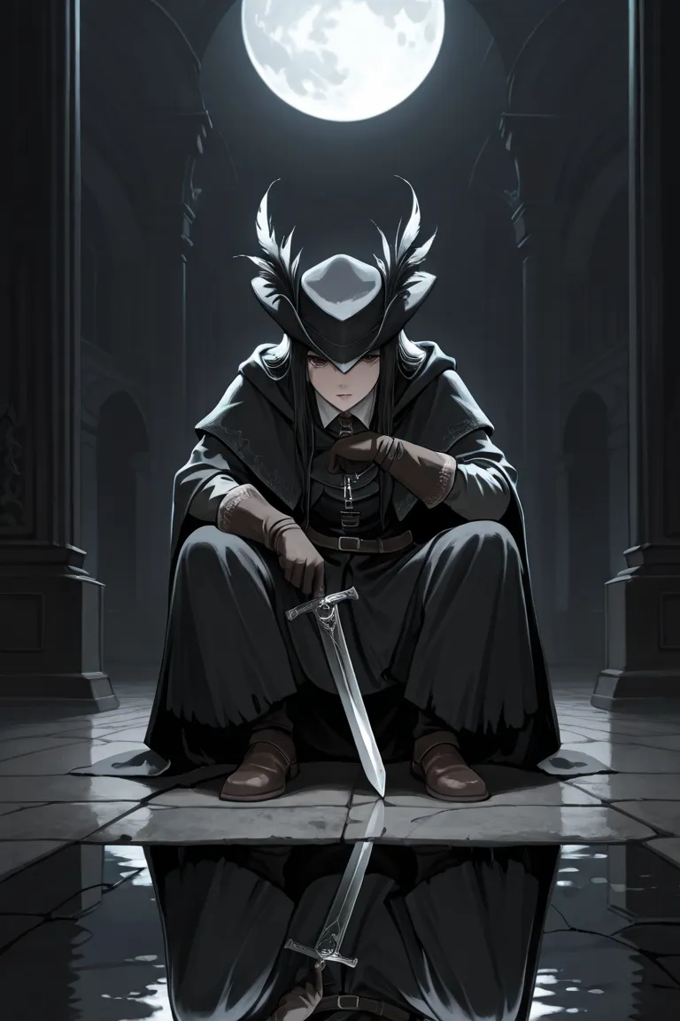 1girl, solo, black_hair, long_hair, hair_covering_one_eye, brown_eyes, bloodborne_hunter_hat, crow_robe, robe_feathers, black_pants, gloves, gray_left_arm, multiple_scars_left_arm, multiple_accesories, holding_violet_golden_knight_longbow, BREAK threatenin...