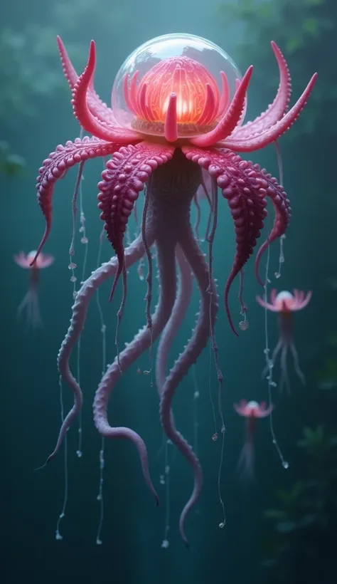 create , creative,  abstraction, is a flying creature that combines the shape of a lily flower and an octopus, a realistic flying creature,  ,  flower-like , and the jellyfish dome   .  the petals are elongated ,  of bright colors  \ , inner glow  . has fa...