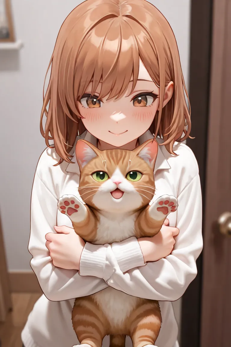 top quality , detailed face , cute face, Masterpiece ,brown cat, hugging cat