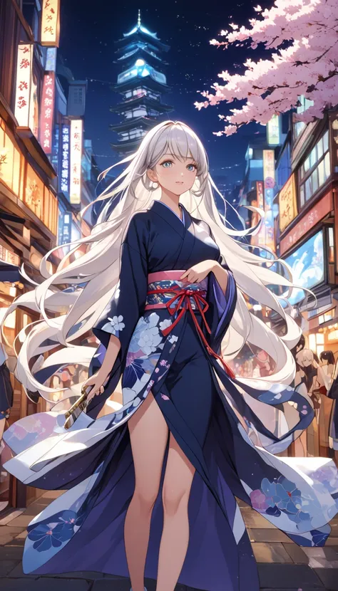 This is an illustration of an anime girl with a perfect hourglass figure, white hair and tanned Japanese skin in a new and vivid pose. She is wearing a kimono with graceful curves that reflect the golden ratio, adorned with a contemporary design that signi...