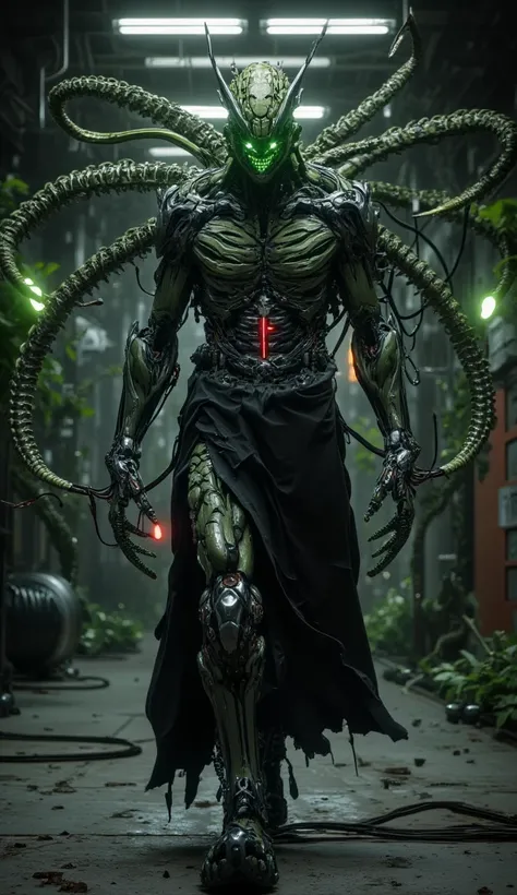 Hyper-realistic image. High quality, 8K Ultra HD. Jigsaw (John Kramer) mutated by the green pepper virus, turned into a bio-robotic abomination that fuses his obsession with macabre games with vegetal biomechanics. He walks with a hunched, sinister gait. H...