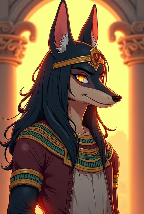 a male character dressed as Anubis , half body in front of the anime-style vector with cheerful expression