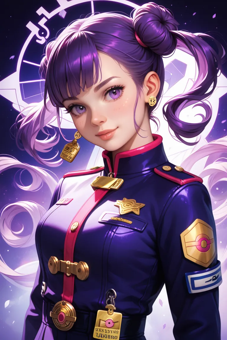 purple hair that goes up to the shoulders, girl,calm expression,Pokémon Violet uniform