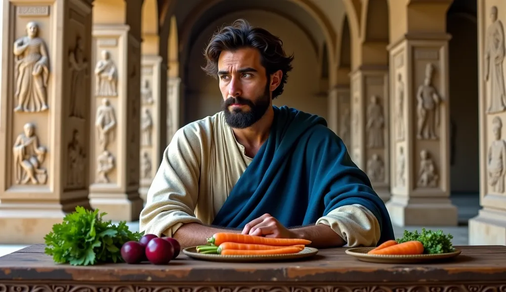 An incredibly realistic image depicting Daniel, with its noble and captive appearance, sitting at the table in a large room of the Babylonian palace. He wears his linen tunic, once pure, now tarnished and worn out by captivity, and its blue cloak, faded ov...