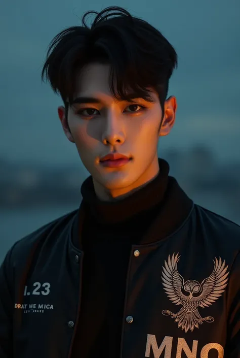 Hyper realistic person. Handsome man. Wearing jacket. With Owl Logo and MNO word under it on the right side of the chest. Korean-looking. With night background. Portrait shot. Natural light.