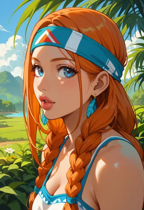 score_9, score_8_up, score_7_up,1girl, solo, bimbo,Orihime Inoue, \(artist\, @doughroomn, braided hair, orange hair, blue eyes,  native american , slim, outside, blue eyes,headband,light skin, native american, thick lips