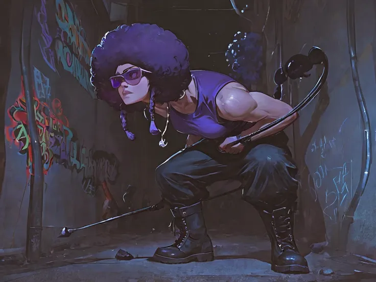 In a dark, urban, graffiti-covered alley, a narrow, dimly lit street sets the stage for a tense combat scene. At the center, Scorpion de Prata (1.85m tall, athletic, with Afro braids, wearing dark purple sunglasses, a dark purple tank top, black baggy pant...