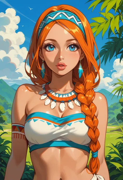 score_9, score_8_up, score_7_up,1girl, solo, bimbo,Orihime Inoue, \(artist\, @doughroomn, braided hair, orange hair, blue eyes,  native american attire, slim, outside, blue eyes,headband,light skin, native american, thick lips