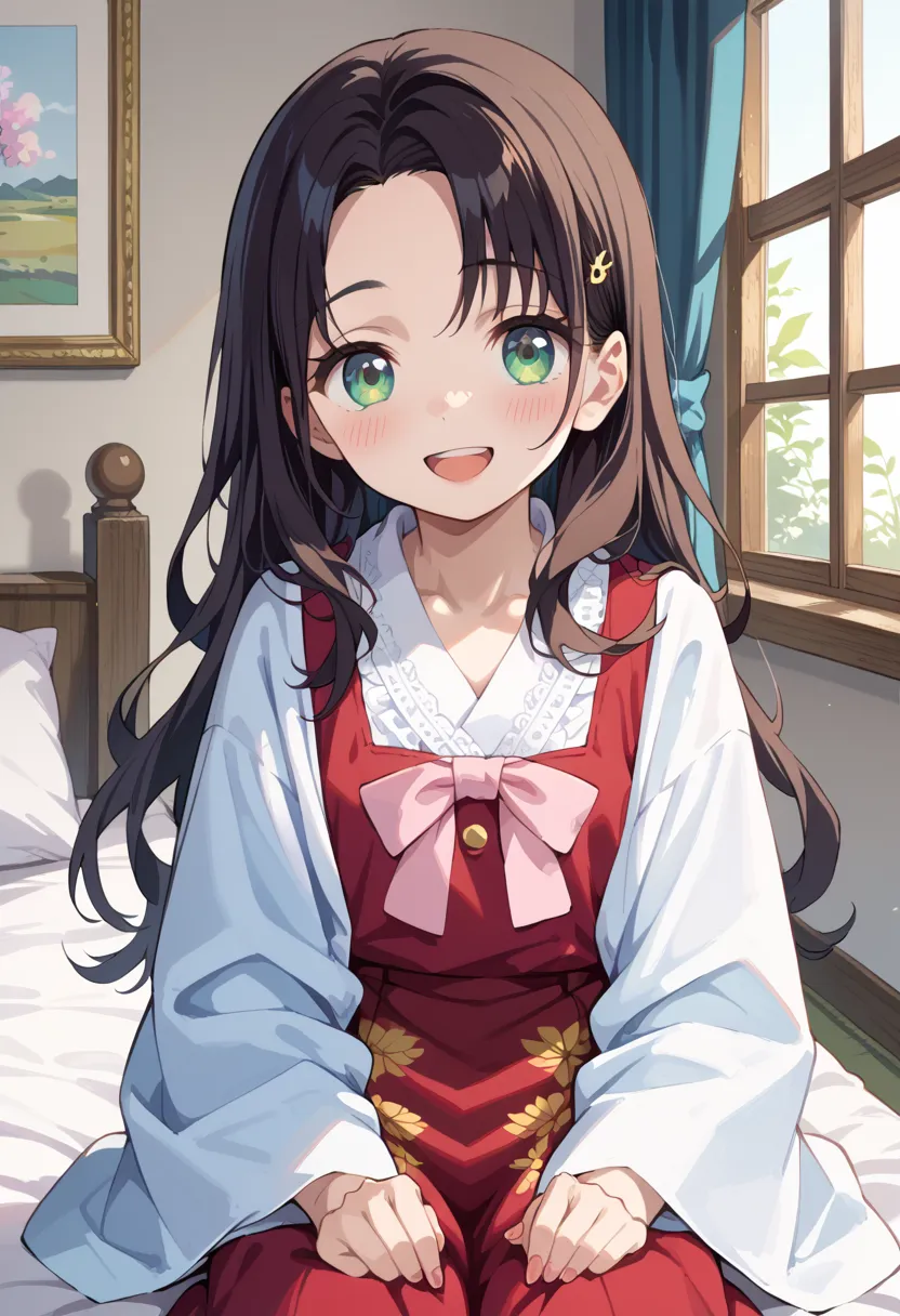 ((Highest quality)), ((masterpiece)), (be familiar with), perfect face, indoors, bedroom, watching viewers,
One woman,  Gamemun Neko ,
open mouth, ecstatic expression, blush, smile,
 small tits, flat chest, Young girl,  lori,  ,  girl,
 long hair, long hai...