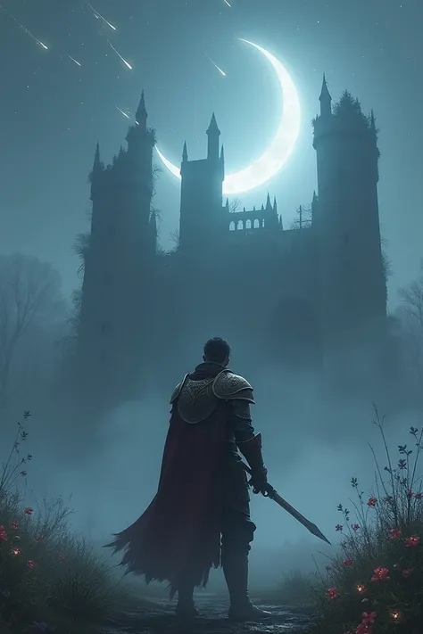 Create a scene of a lone warrior, in ornate armor and a tattered cape, standing in front of a ruined castle under the light of a crescent moon. The setting must be enveloped in a mysterious fog and an atmosphere of nostalgia and melancholy. Incorporate ele...