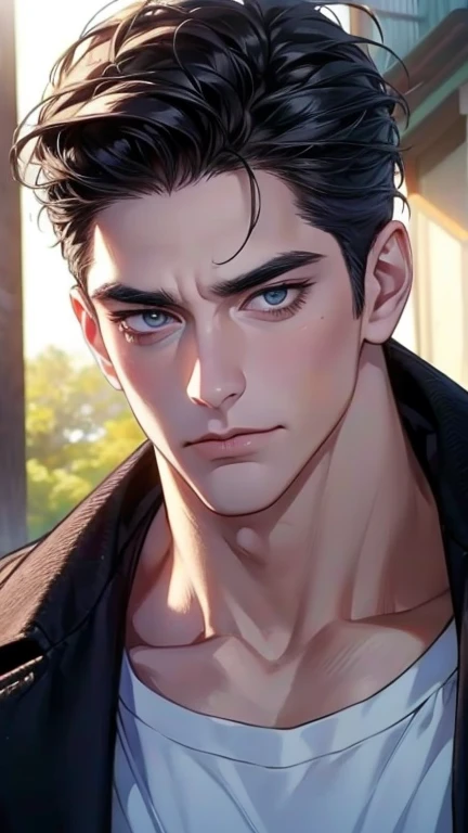 (  idiot,4K,8k,   highres,  masterpiece:1.2),  ultra-detailed,(Realistic,photoRealistic,photo-Realistic:1.37),36-year-old man,3 day beard,cute anime ,Portraits,strong,masculine,   dark hair,sharp jaw,      mesmerizing eyes      ,   perfectly combed hair,  ...