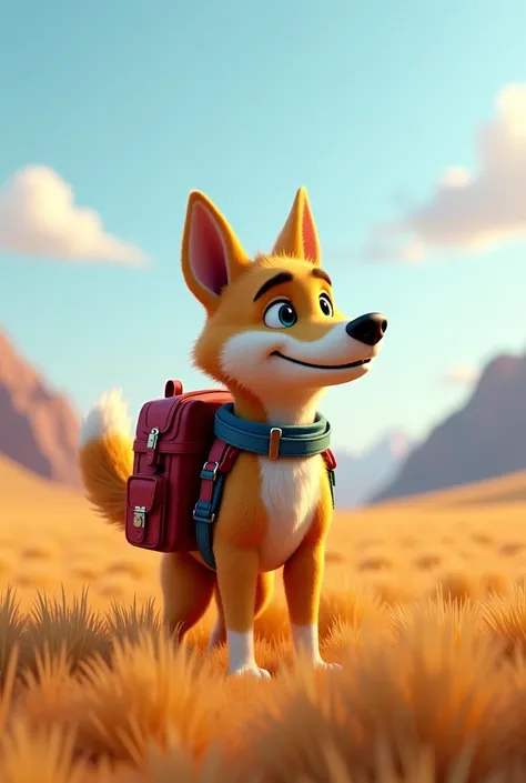 araffe dog with backpack on his back standing in the field, a photo of Igor Grabar, shutterstock, furry art, movie  hoạt hình, Laika, humanoid dog, the movie , animated movie , animated movie  still, maxim sukharev,   a fun scene  , 3 d animated movie , mo...