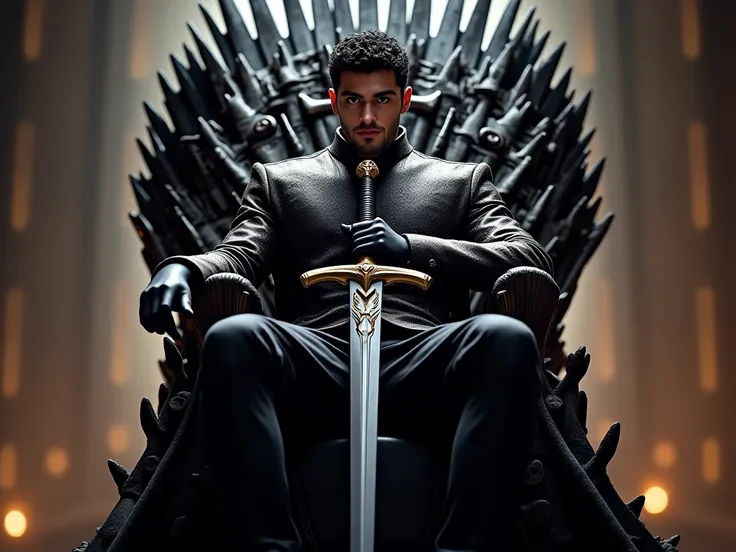 A man with beautiful short curly black hair in royal black clothes with a big sword in his hand sits on the Game of Thrones series chair 