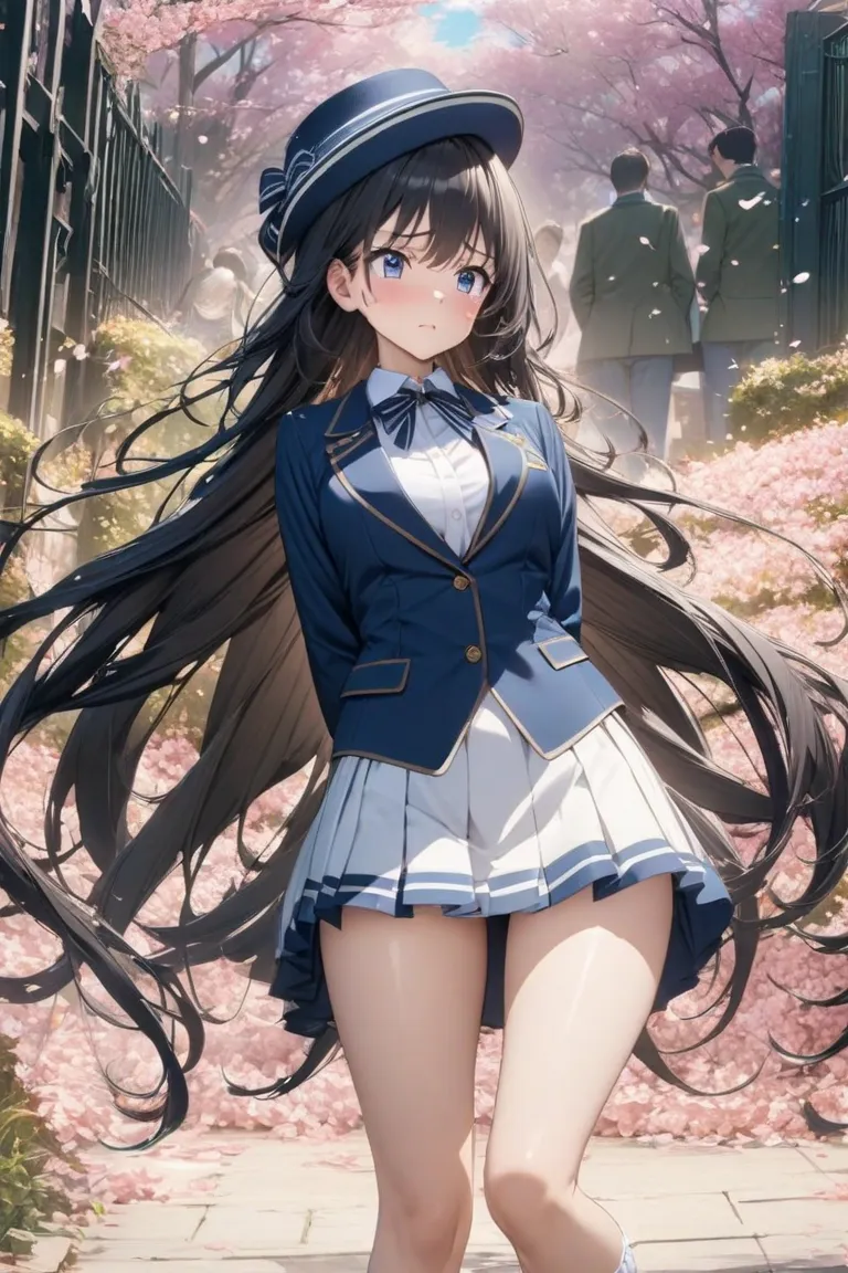 Anime-style illustration background: A high school girl waiting for her senior to come out in front of the school gate with cherry blossoms falling, looking nervous, with her hands behind her back and pointing slightly downward, wearing a navy blue blazer,...