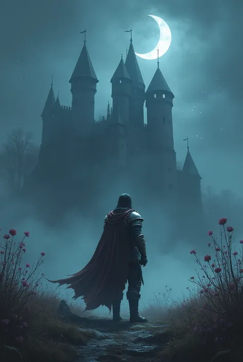 Create a scene of a lone warrior, in ornate armor and a tattered cape, standing in front of a ruined castle under the light of a crescent moon. The setting must be enveloped in a mysterious fog and an atmosphere of nostalgia and melancholy. Incorporate ele...