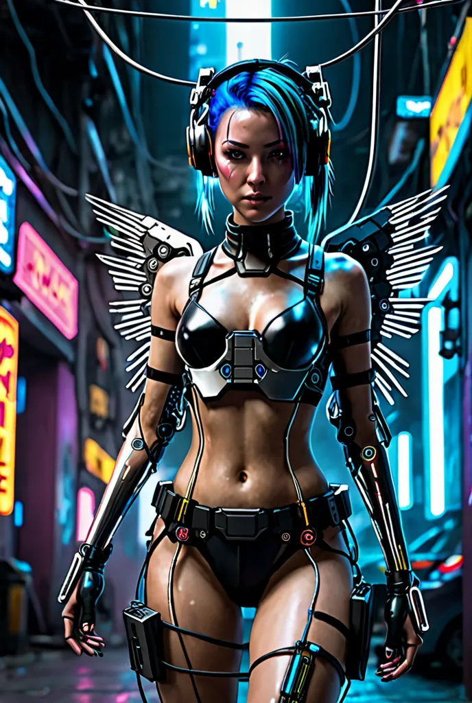 A cyberpunk girl hangs in full face with wires all over her cyberp plate and in her arms the wire hangs full length in the air on her wings