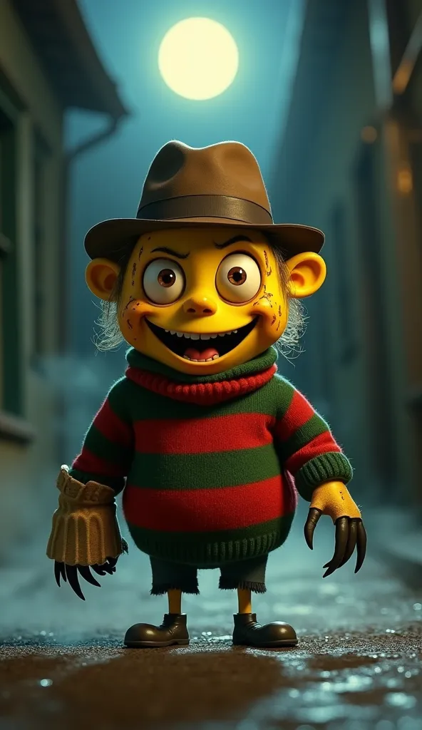 A small, yellow, oval-shaped character transformed into a horror movie legend, wearing a striped red and green sweater, a brown fedora, and a glove with long, razor-sharp claws. His face is covered in eerie yet cartoonish burn marks, maintaining a balance ...