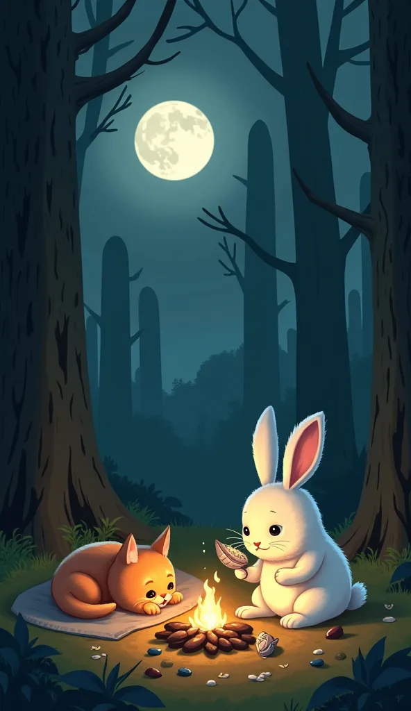 "Under the soft glow of the moon, a fluffy white rabbit sits near a small crackling fire, carefully cooking the fish it caught earlier. The fire’s warm light flickers against the surrounding trees, casting gentle shadows in the quiet nighttime forest. Near...