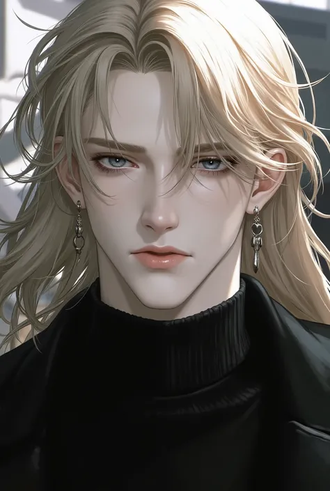 Boy, long blonde hair, dark blue eyes, serious sharp features, light white skin, shiny pink lips, handsome, perfect, elegant, wearing a black sweater, formal jacket, high quality resolution, clear bright colors.