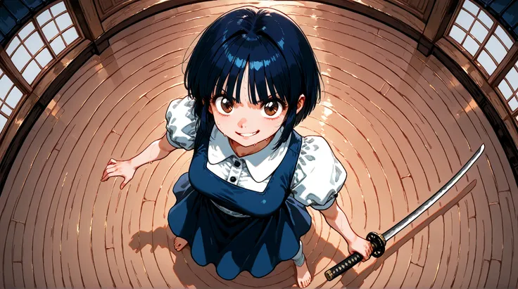 (AkaneTendouRXL, 18years, big eyes, brown eyes, dark blue hair, short hair, bangs, medium breasts, shirt collar, white shirt, blue dress, short sleeves, puffy sleeves, white stockings, black shoes),(smirk),((katana)),(sweaty), (sexy pose),((barefoot)),(old...