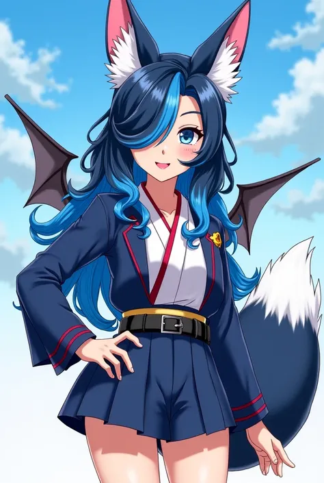 My Hero Academia anime format, Slim girl with fair skin, heavenly eyes, long wavy hair up to the butt with navy blue glitter with light blue locks up to the middle with a moment of hair with bangs covering her left eye, with fluffy fox ears and tail and ba...