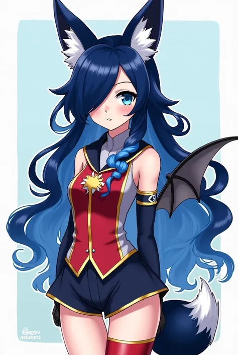 My Hero Academia anime format, Slim girl with fair skin, heavenly eyes, long wavy hair up to the butt with navy blue glitter with light blue locks up to the middle with a moment of hair with bangs covering her left eye, with fluffy fox ears and tail and ba...