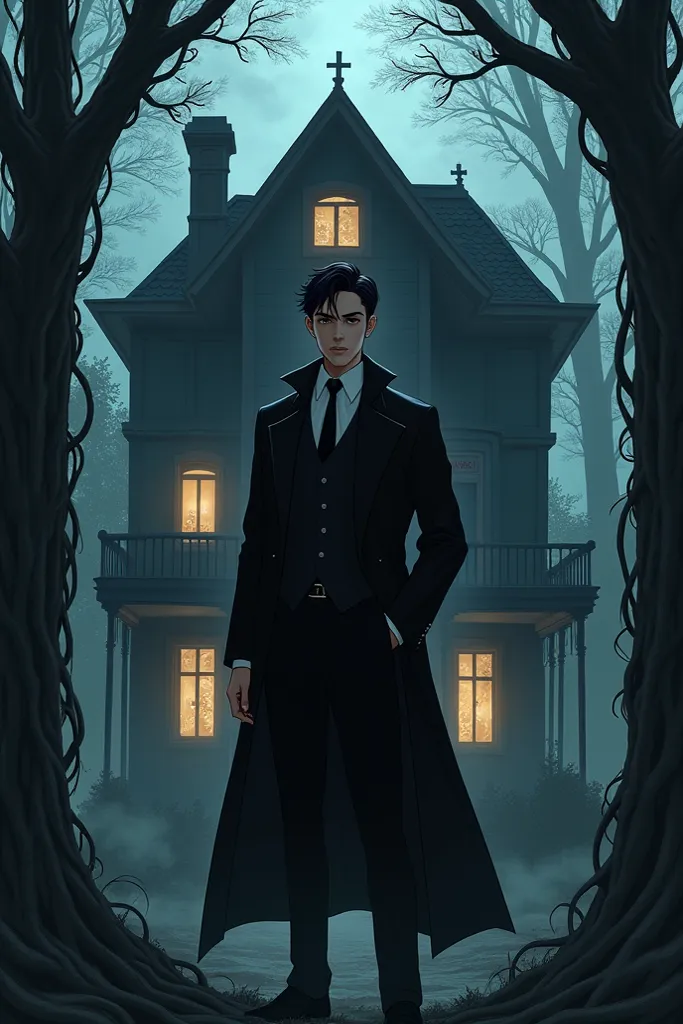 Anime a Young Man With Black Suit Stamds infront of Creepy home surrounded by Trees 