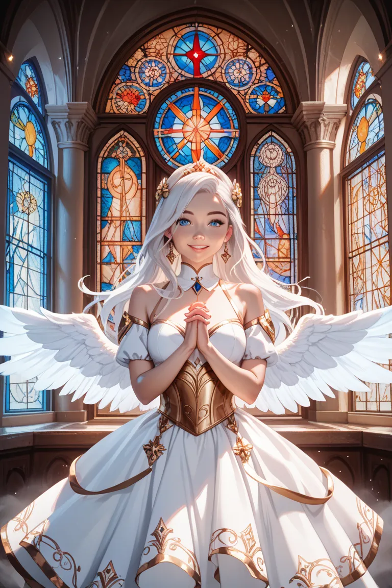 A sweet angel girl with long white hair and blue eyes、************、 Angel wings on the back、 pray 、 smile、 white dress、stained glass stained-glass window