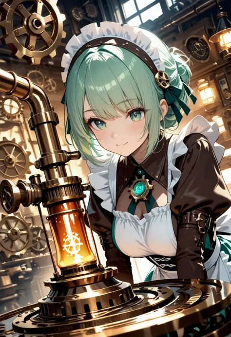 masterpiece,high score,great score,absurdres,1girl,solo, round jawline, round chin ,curvy,Automata,maid,maid headdress,brown dress, mint green dress, two-tone dress,cute pose,upper body,eyes focus,
steampunk cafe background, brass gears rotating, pipe orga...