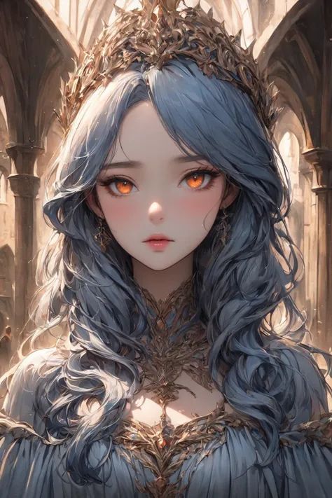 elf, princess, long blue hair, orange eyes, tan skinned, medium breasts, full princess dress, medieval, expressionless, blush, masterpiece, stare. 