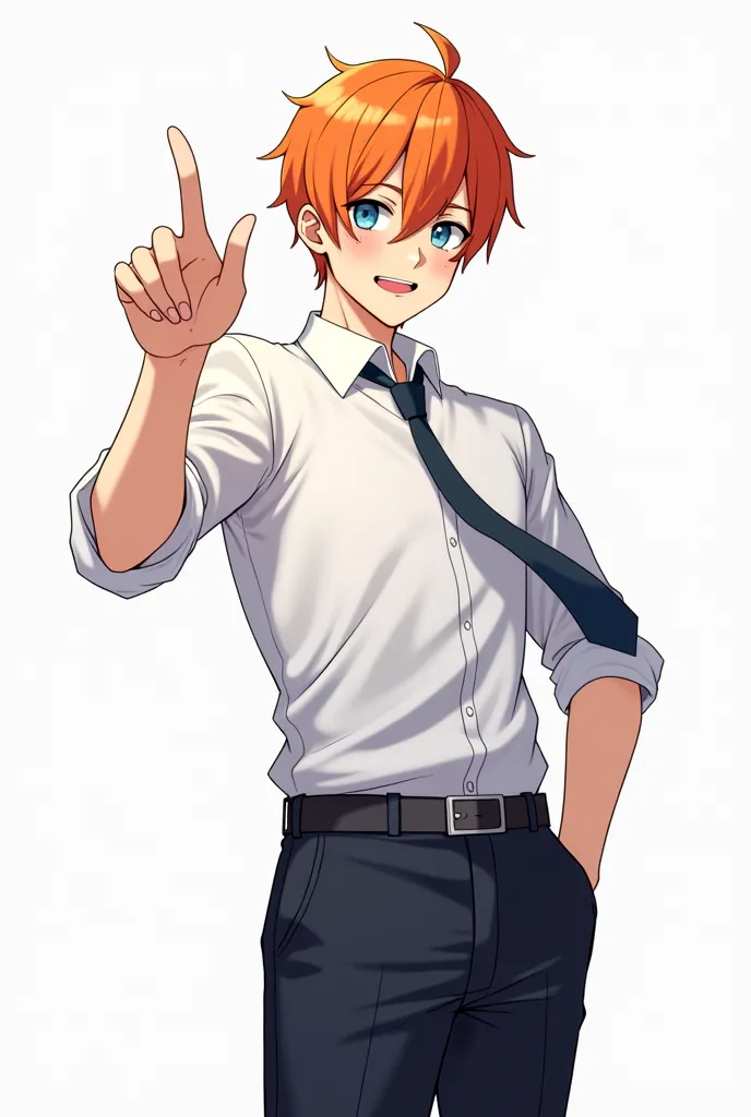 anime boy in a white shirt and tie pointing at something, an anime drawing inspired by Kun Can, trending on pixiv, shin hanga, handsome anime pose, orange - haired anime boy, pose(arms up + happy), young anime man, dramatic smirk pose, anime pose, tall ani...