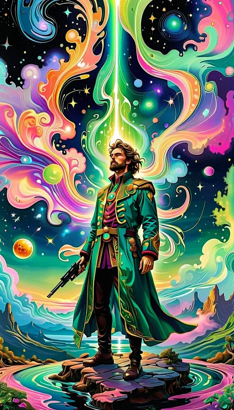 "A vibrant, full-body portrait of a young, enigmatic gunslinger, his figure drenched in a kaleidoscope of psychedelic colors inspired by El Greco’s mystical luminosity. His ornate pistol, glowing with radiant energy, is aimed skyward, releasing tendrils of...