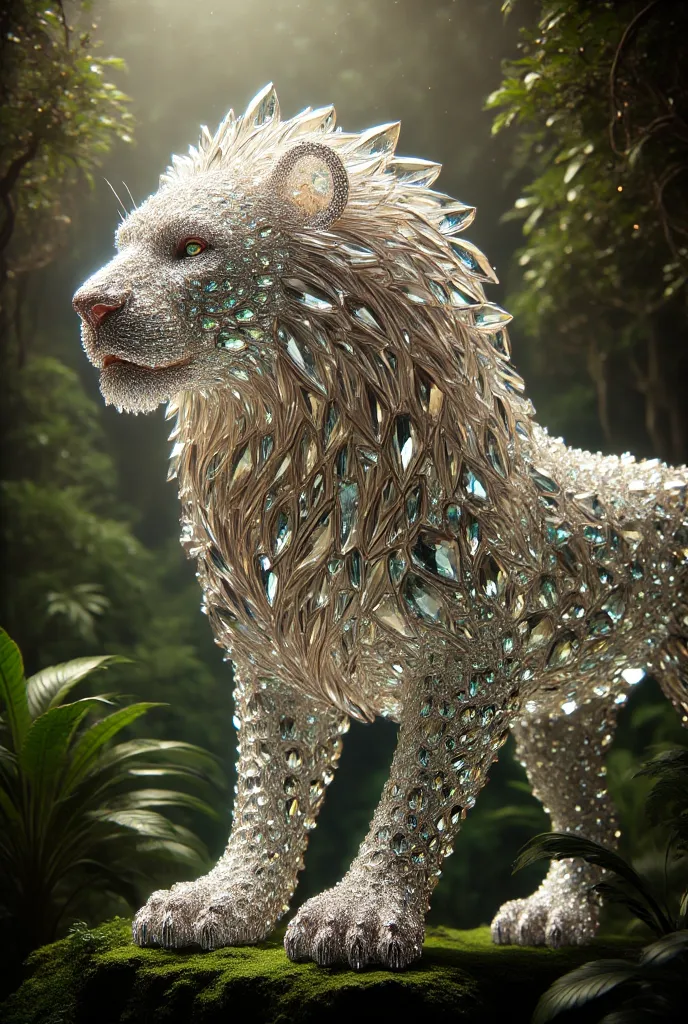 a giant diamond lion, photorealistic 8K, detailed anatomy, majestic pose, flowing mane, powerful muscles, intricate fur texture, lush jungle environment, dramatic lighting, cinematic composition, epic fantasy, digital art, 4K, HDR, studio lighting, physica...