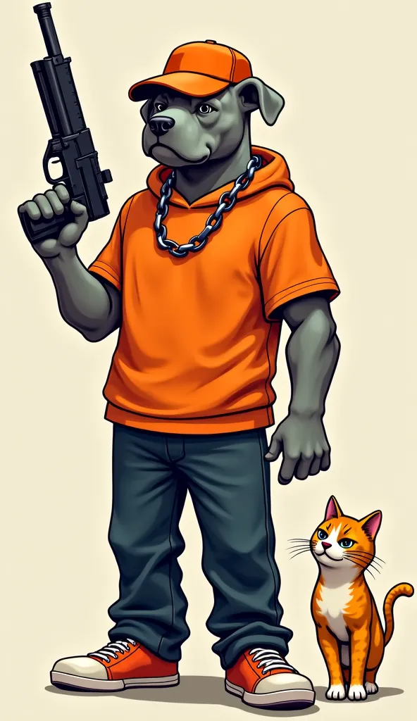 I want a pit bull gangster mascot holding a gun with an orange shirt and gray skin, very gangster, holding a gun and a chain around his neck with an orange gangster hat with both hands holding a gun. walking with cat