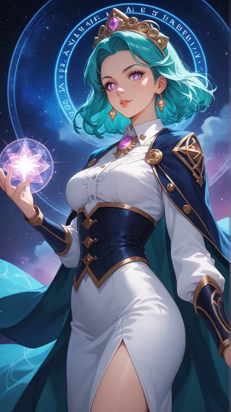 Anime character illustration, ultra-detailed digital art designed for mobile wallpaper. Create a charismatic mage with waist-length turquoise hair, sparkling violet eyes, and an enigmatic expression. She wears a high-collared iridescent cloak adorned with ...