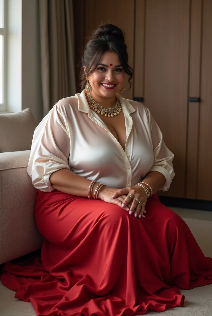 married 40-year-old Indian woman looking at the viewer, wearing shiny finish , in long silk plus size transparent white and red silk blouse , big fat ass ,wide hips,big thighs details, large hollowed out chest,  voluptuous body,fat man wide ass ,messy bun,...