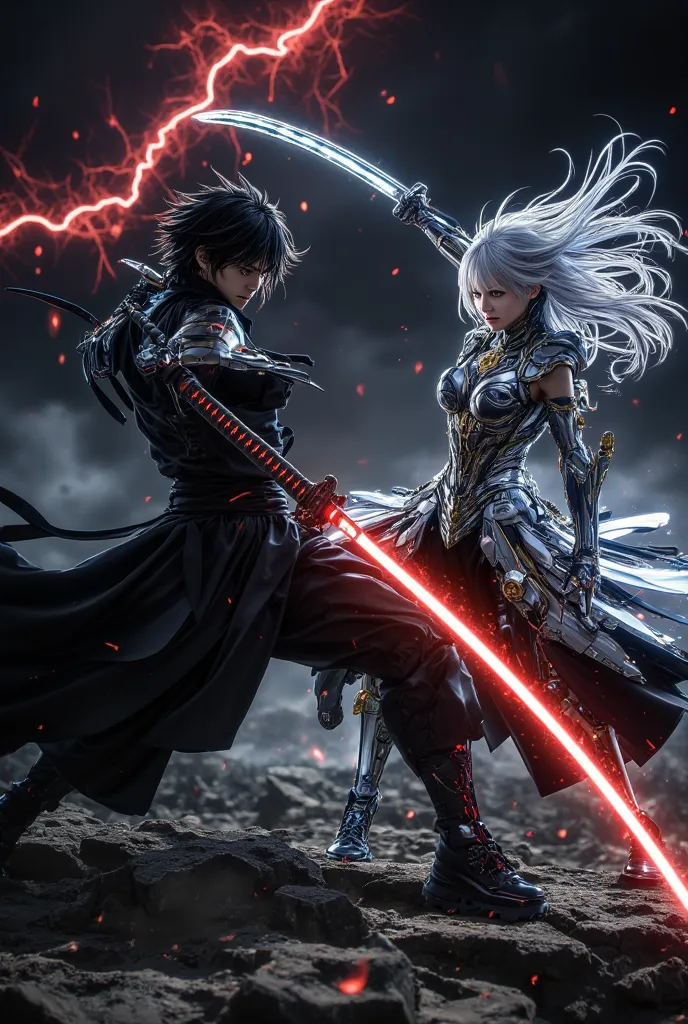 Prompt:
A dynamic battle scene featuring two characters in an intense swordfight, set against a dark, stormy background with red lightning illuminating the battlefield. The male protagonist has messy black hair and striking red eyes, exuding a fierce and d...