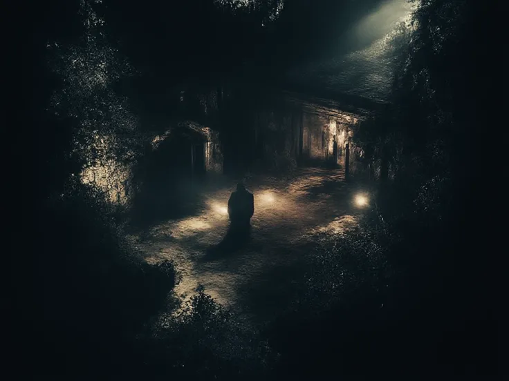 a cabin in the middle of the forest, among the trees you can barely see silhouettes of strange creatures that stalk the house, inside the house you can see the silhouette of a person in the light of the candles