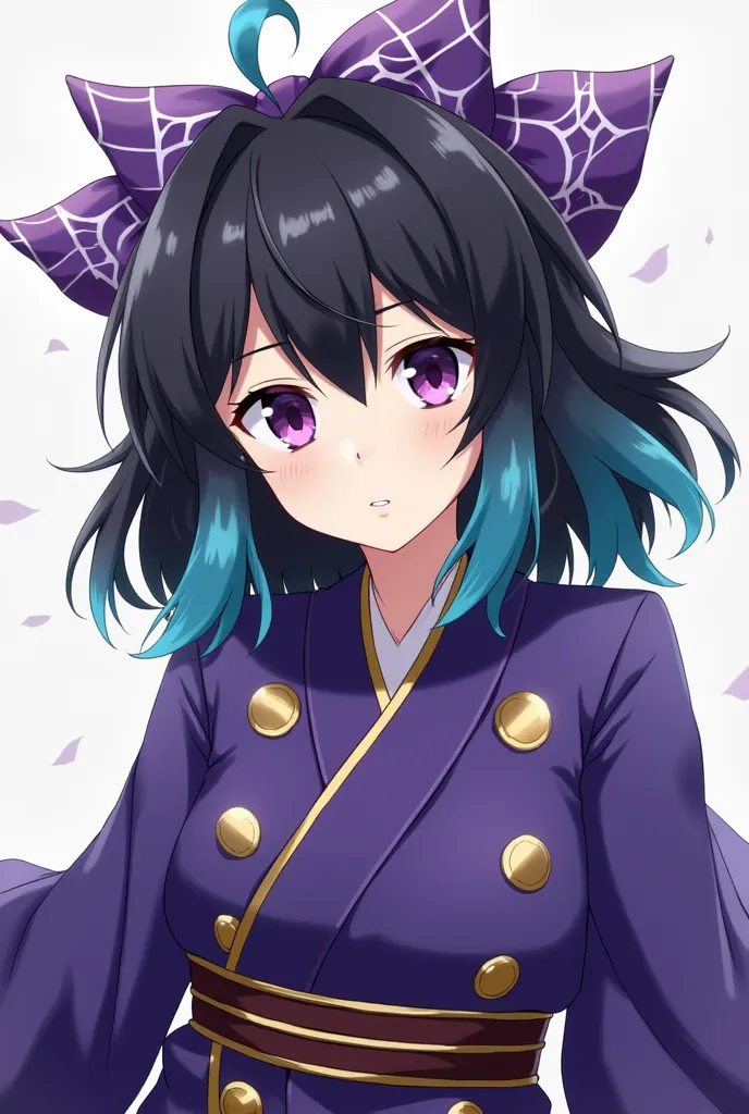  Kimetsu style in Yaiba.  make a short woman, with long black hair and patches of cyan with white, type 1c — commonly wavy at the tips, wearing a purplish blue uniform and a violet haori with shiny gold details, she also has empty eyes, white sclera, dark ...