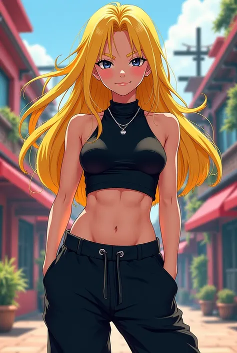 I want an anime girl in "Naruto" art style with Blonde hair, black eyes, black crop top and baggy pants. 