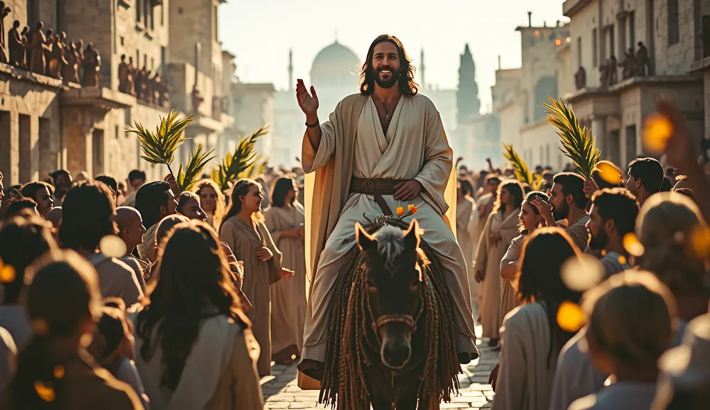 Create a realistic and religious image that represents Jesus' Triumphal Entry into Jerusalem during Palm Sunday, a key moment in Holy Week and Lent. The scene should show Jesus riding a donkey, dressed in a simple but majestic tunic, with a cloak over his ...